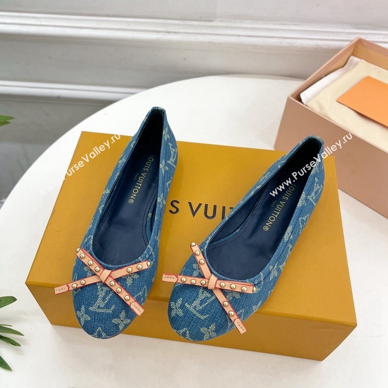 Louis Vuitton Nina Flat Ballerinas in Blue2 Monogram Denim with Stud Bow 2024 0426 (MD-240426186)