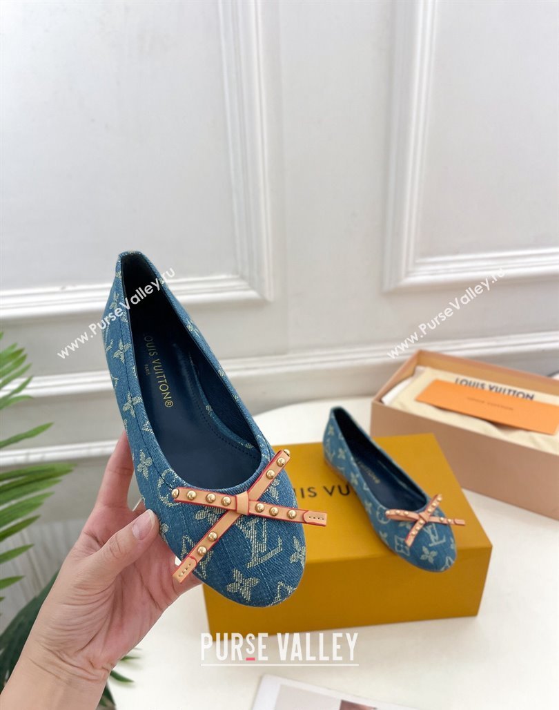 Louis Vuitton Nina Flat Ballerinas in Blue2 Monogram Denim with Stud Bow 2024 0426 (MD-240426186)