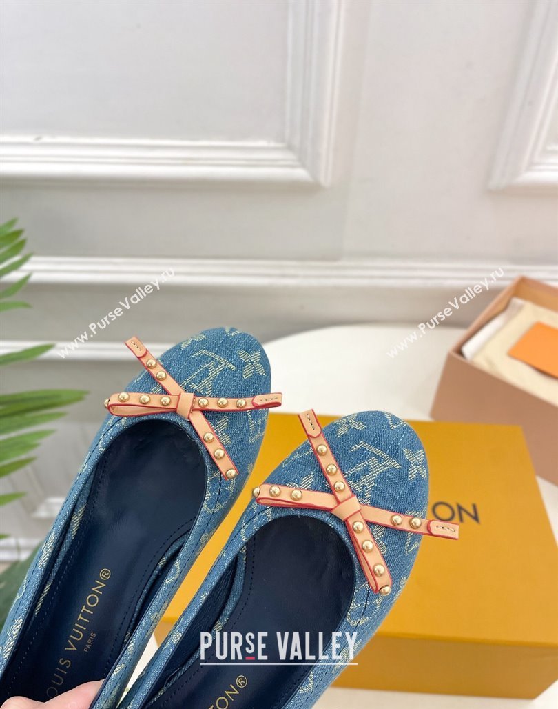 Louis Vuitton Nina Flat Ballerinas in Blue2 Monogram Denim with Stud Bow 2024 0426 (MD-240426186)