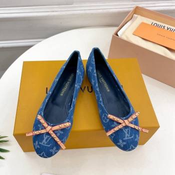 Louis Vuitton Nina Flat Ballerinas in Blue Monogram Denim with Stud Bow Dark Blue 2024 0426 (MD-240426187)