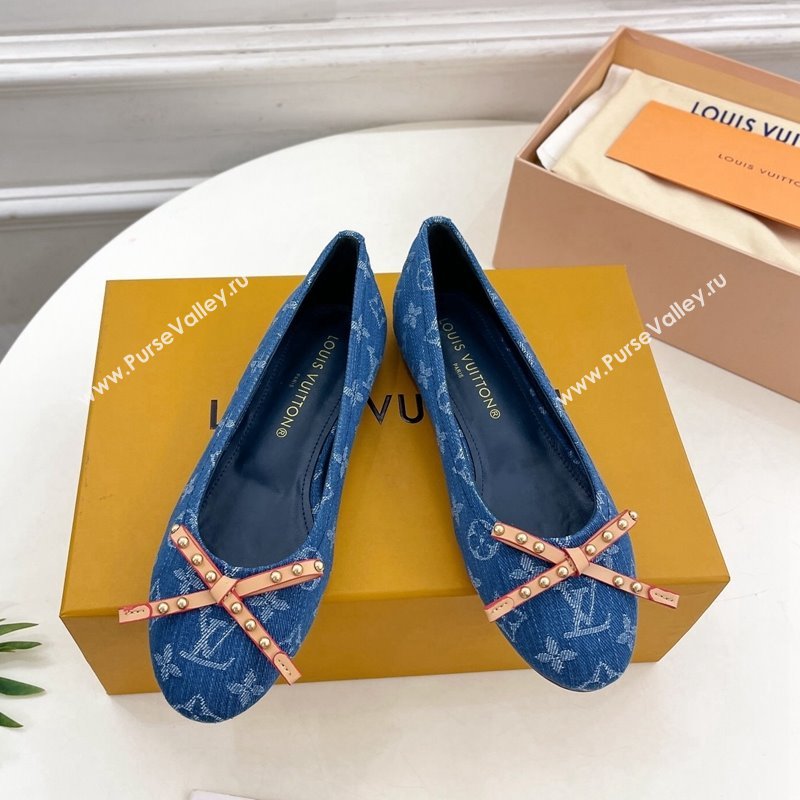 Louis Vuitton Nina Flat Ballerinas in Blue Monogram Denim with Stud Bow Dark Blue 2024 0426 (MD-240426187)