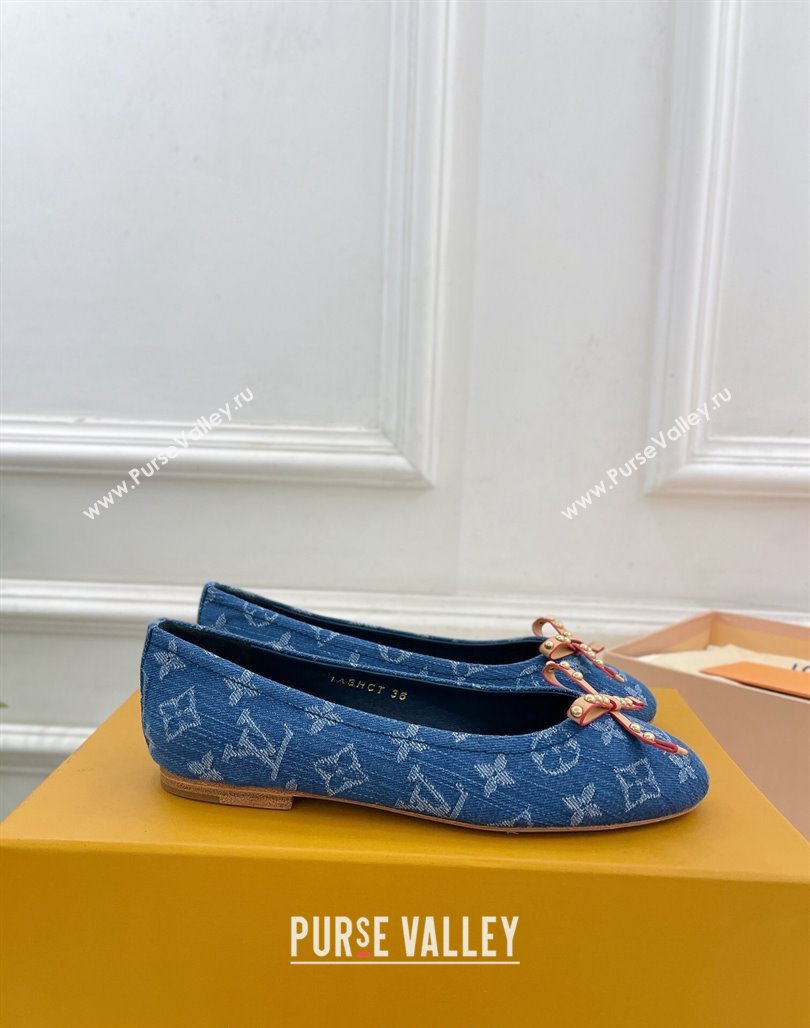 Louis Vuitton Nina Flat Ballerinas in Blue Monogram Denim with Stud Bow Dark Blue 2024 0426 (MD-240426187)