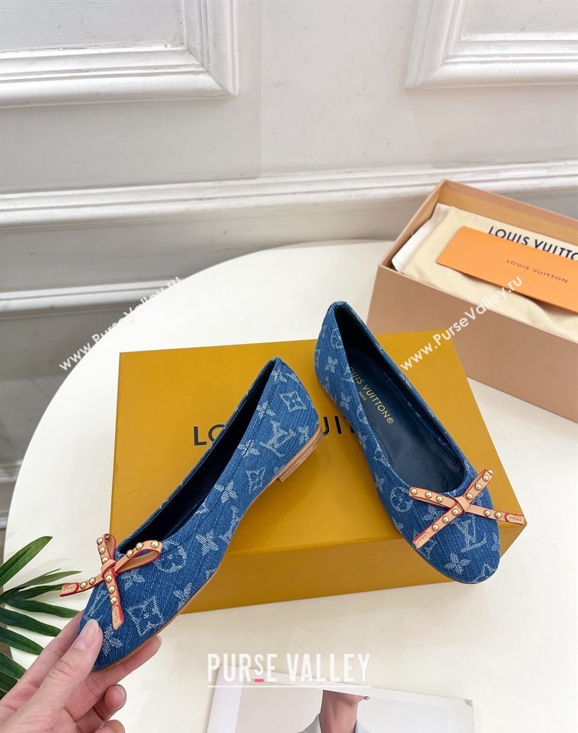 Louis Vuitton Nina Flat Ballerinas in Blue Monogram Denim with Stud Bow Dark Blue 2024 0426 (MD-240426187)