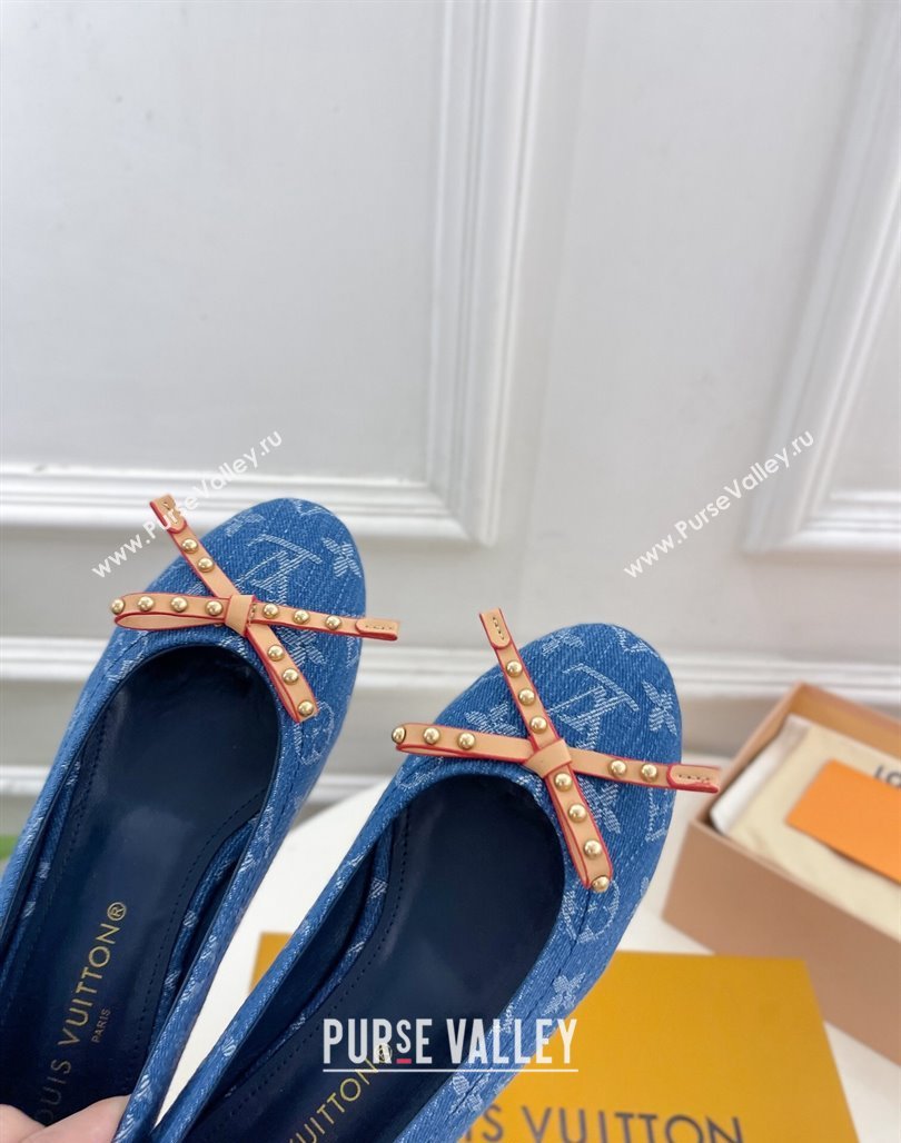 Louis Vuitton Nina Flat Ballerinas in Blue Monogram Denim with Stud Bow Dark Blue 2024 0426 (MD-240426187)