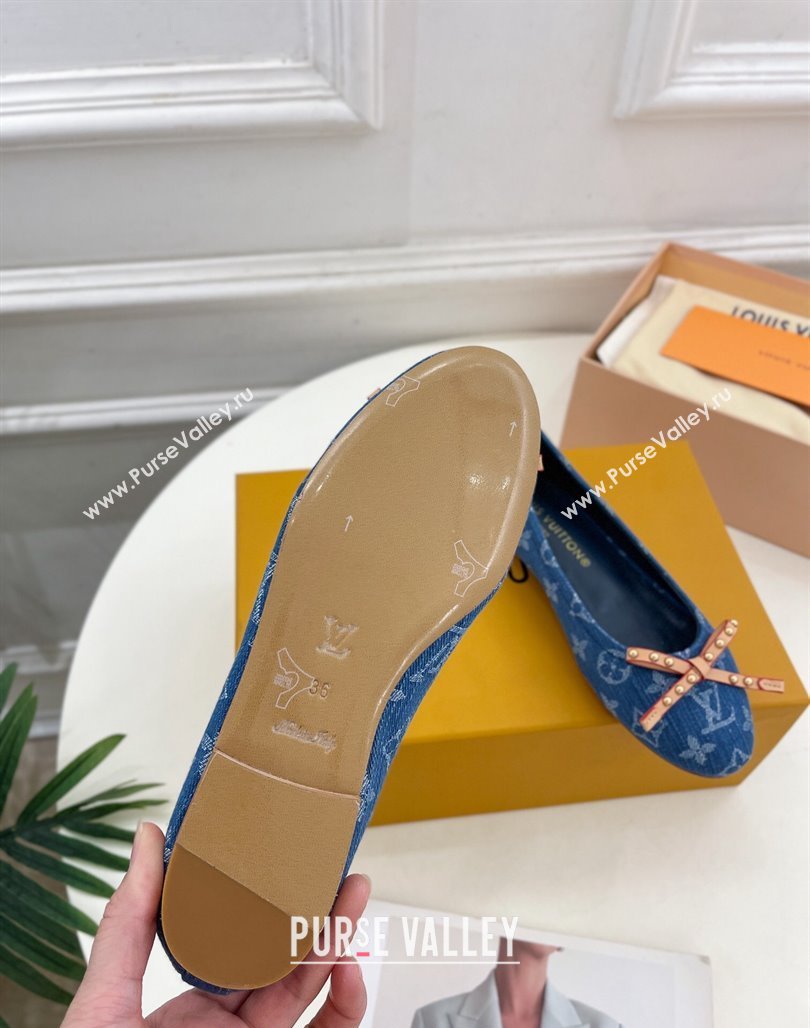 Louis Vuitton Nina Flat Ballerinas in Blue Monogram Denim with Stud Bow Dark Blue 2024 0426 (MD-240426187)