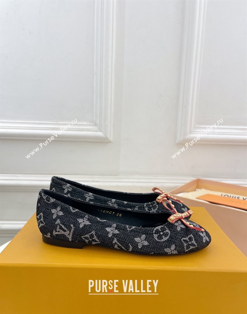 Louis Vuitton Nina Flat Ballerinas in Blue Monogram Denim with Stud Bow Black 2024 0426 (MD-240426188)