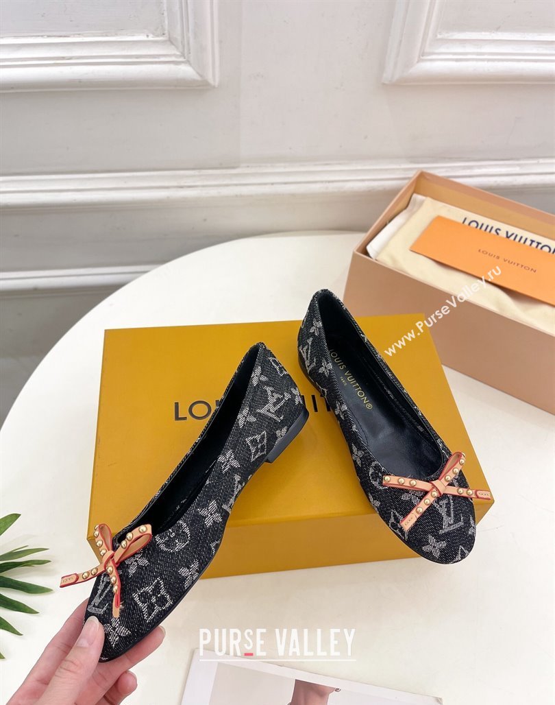 Louis Vuitton Nina Flat Ballerinas in Blue Monogram Denim with Stud Bow Black 2024 0426 (MD-240426188)