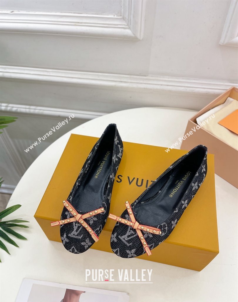 Louis Vuitton Nina Flat Ballerinas in Blue Monogram Denim with Stud Bow Black 2024 0426 (MD-240426188)