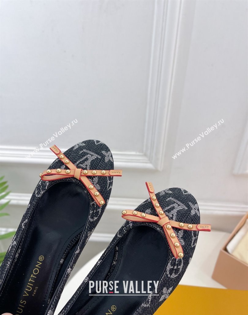 Louis Vuitton Nina Flat Ballerinas in Blue Monogram Denim with Stud Bow Black 2024 0426 (MD-240426188)