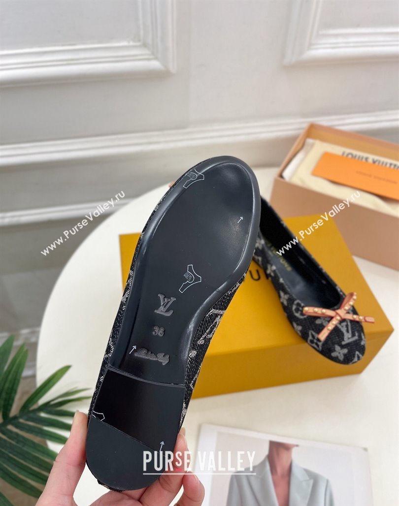 Louis Vuitton Nina Flat Ballerinas in Blue Monogram Denim with Stud Bow Black 2024 0426 (MD-240426188)