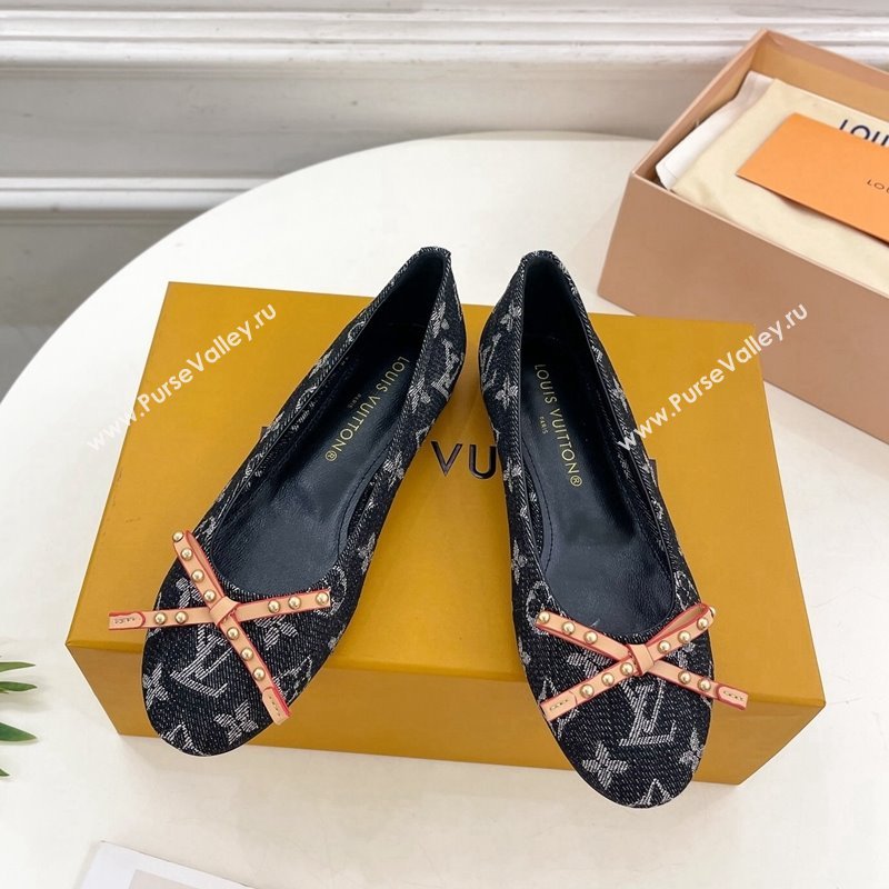 Louis Vuitton Nina Flat Ballerinas in Blue Monogram Denim with Stud Bow Black 2024 0426 (MD-240426188)