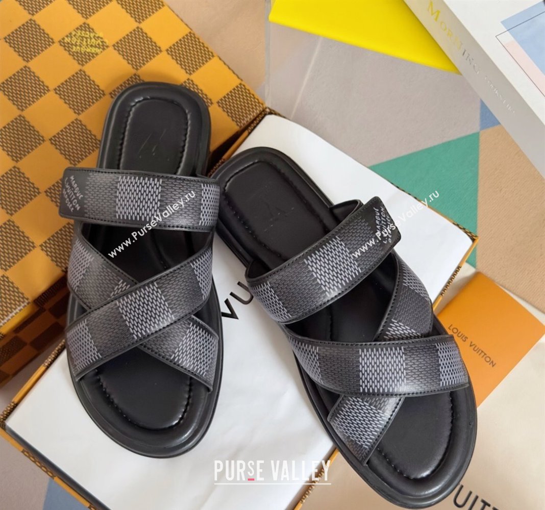 Louis Vuitton Mens LV Venice Flat Slide Sandals in Damier Leather Black 2024 (SS-240426094)