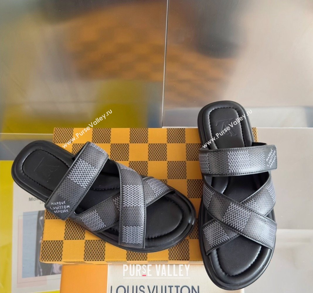 Louis Vuitton Mens LV Venice Flat Slide Sandals in Damier Leather Black 2024 (SS-240426094)