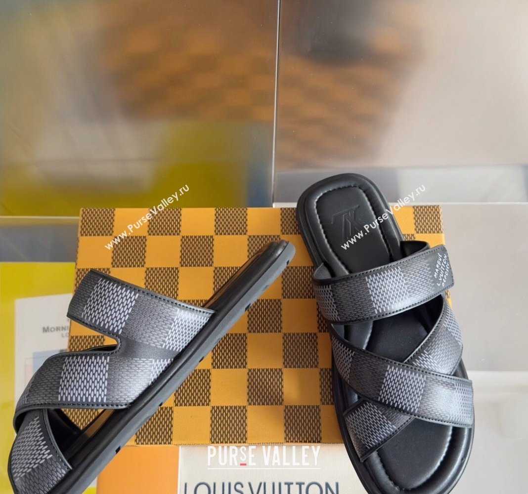 Louis Vuitton Mens LV Venice Flat Slide Sandals in Damier Leather Black 2024 (SS-240426094)