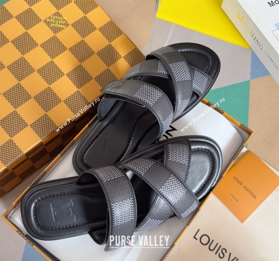 Louis Vuitton Mens LV Venice Flat Slide Sandals in Damier Leather Black 2024 (SS-240426094)