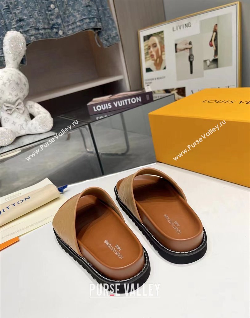 Louis Vuitton Womens Monogram Calfskin Flat Slide Sandals with Wide Strap Brown 2024 (MD-240426171)