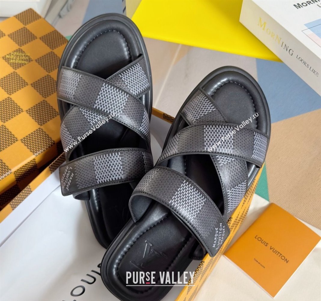 Louis Vuitton Mens LV Venice Flat Slide Sandals in Damier Leather Black 2024 (SS-240426094)