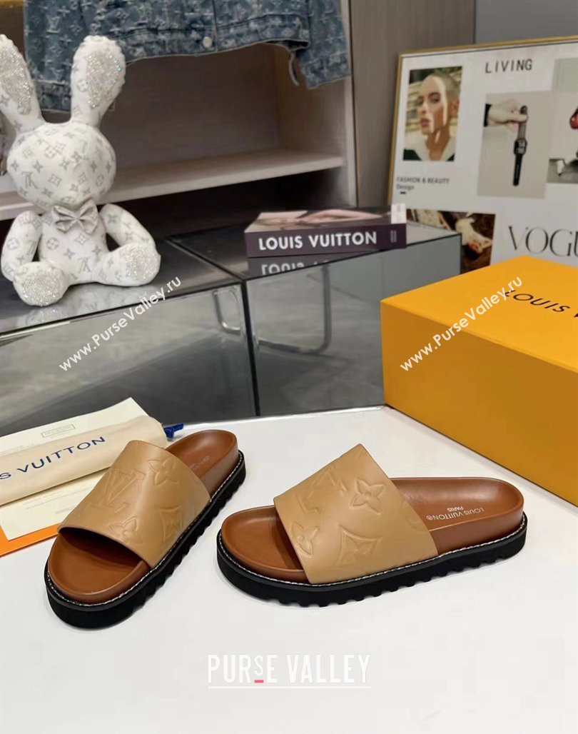 Louis Vuitton Womens Monogram Calfskin Flat Slide Sandals with Wide Strap Brown 2024 (MD-240426171)