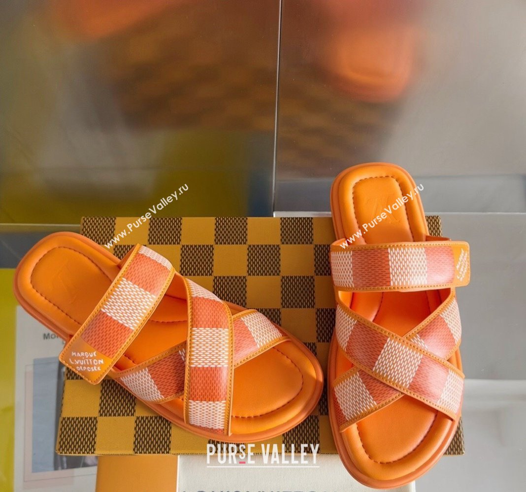 Louis Vuitton Mens LV Venice Flat Slide Sandals in Damier Leather Orange 2024 (SS-240426100)