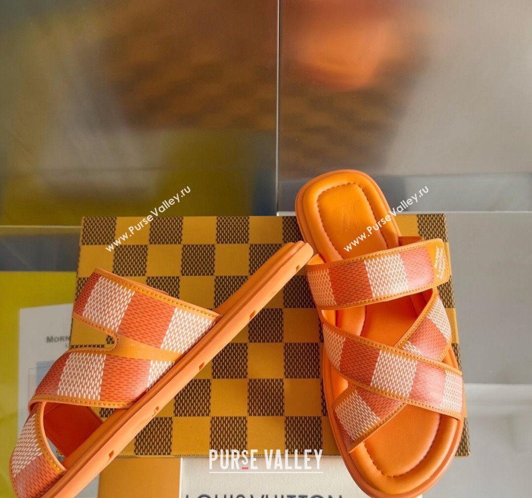 Louis Vuitton Mens LV Venice Flat Slide Sandals in Damier Leather Orange 2024 (SS-240426100)