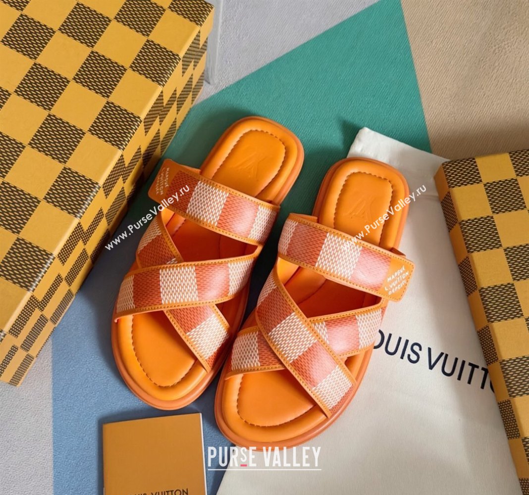 Louis Vuitton Mens LV Venice Flat Slide Sandals in Damier Leather Orange 2024 (SS-240426100)