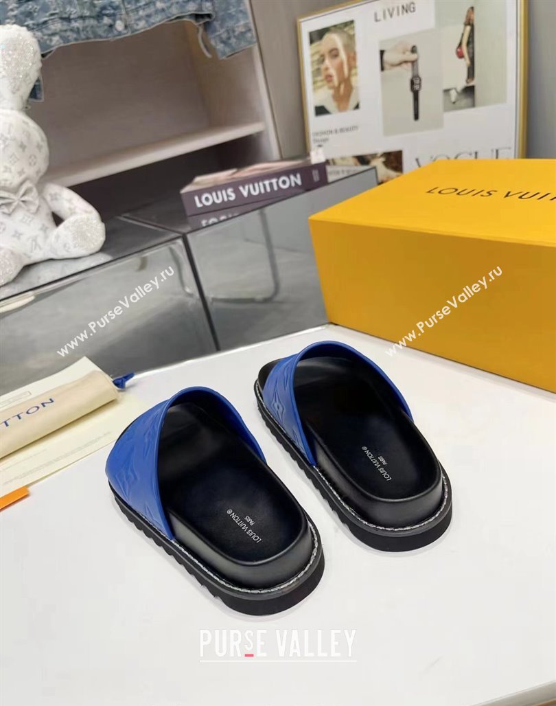 Louis Vuitton Womens Monogram Calfskin Flat Slide Sandals with Wide Strap Blue 2024 (MD-240426172)