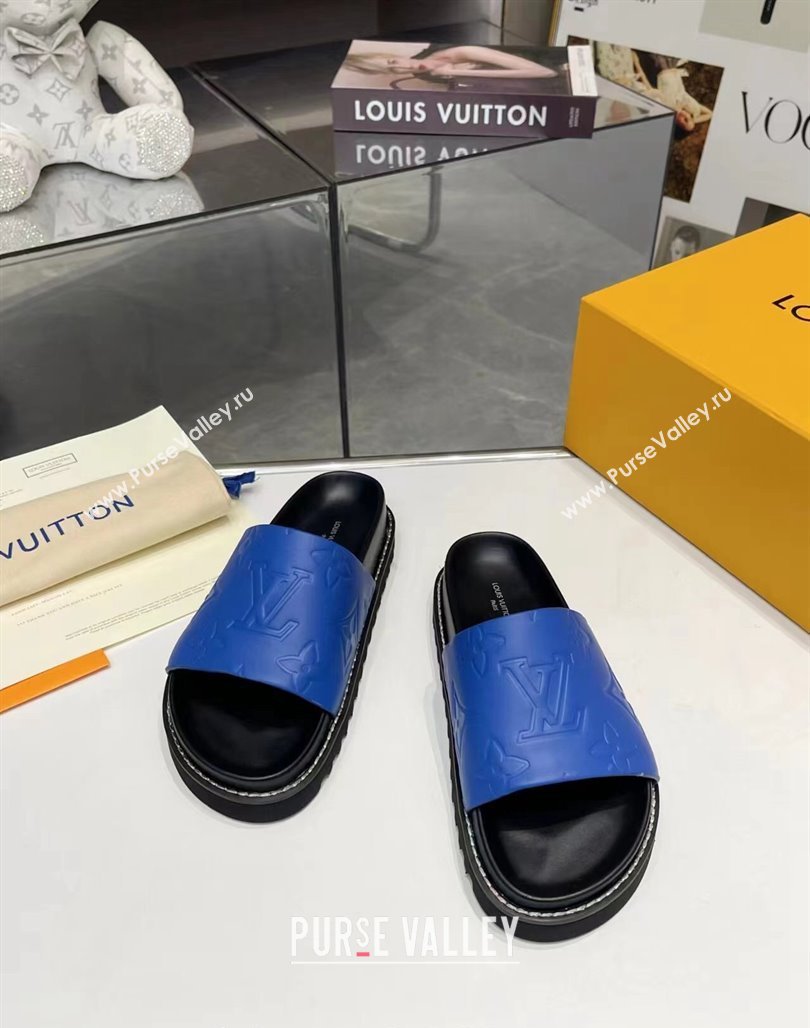 Louis Vuitton Womens Monogram Calfskin Flat Slide Sandals with Wide Strap Blue 2024 (MD-240426172)