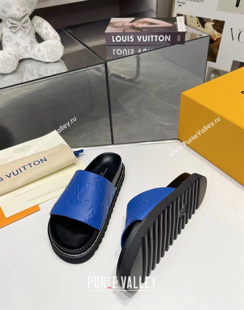 Louis Vuitton Womens Monogram Calfskin Flat Slide Sandals with Wide Strap Blue 2024 (MD-240426172)