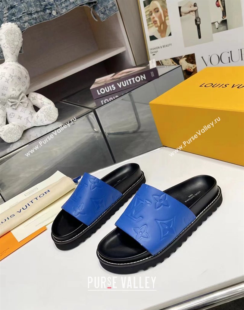 Louis Vuitton Womens Monogram Calfskin Flat Slide Sandals with Wide Strap Blue 2024 (MD-240426172)