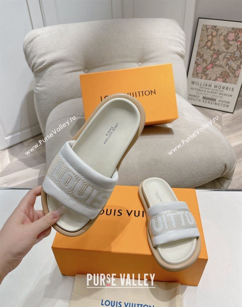 Louis Vuitton LV Bliss Comfort Flat Slide Sandals in Leather and Textile White 2024 0426 (MD-240426189)