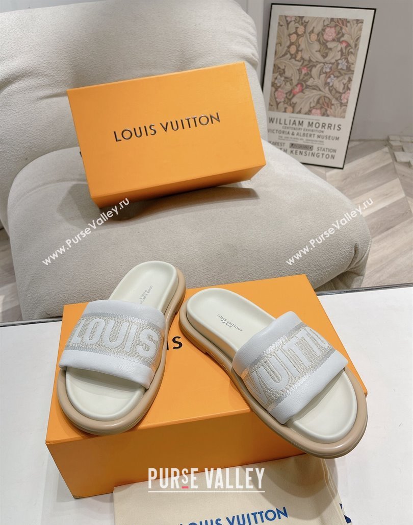 Louis Vuitton LV Bliss Comfort Flat Slide Sandals in Leather and Textile White 2024 0426 (MD-240426189)