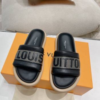 Louis Vuitton LV Bliss Comfort Flat Slide Sandals in Leather and Textile Black 2024 0426 (MD-240426191)