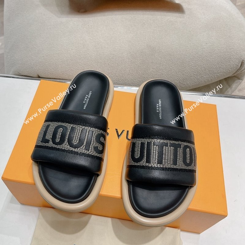 Louis Vuitton LV Bliss Comfort Flat Slide Sandals in Leather and Textile Black 2024 0426 (MD-240426191)