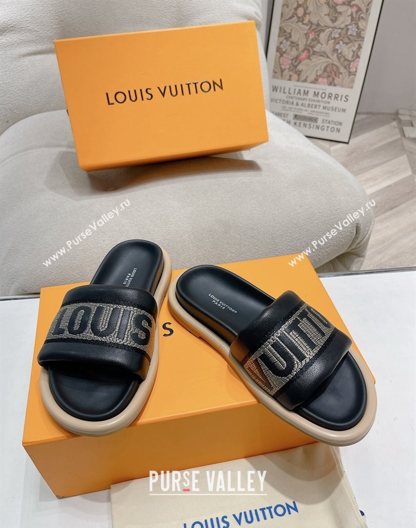 Louis Vuitton LV Bliss Comfort Flat Slide Sandals in Leather and Textile Black 2024 0426 (MD-240426191)