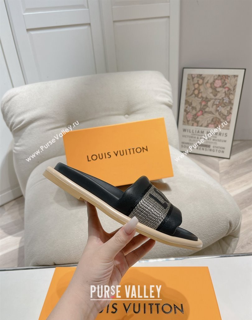 Louis Vuitton LV Bliss Comfort Flat Slide Sandals in Leather and Textile Black 2024 0426 (MD-240426191)