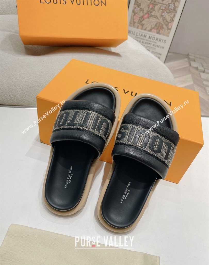 Louis Vuitton LV Bliss Comfort Flat Slide Sandals in Leather and Textile Black 2024 0426 (MD-240426191)