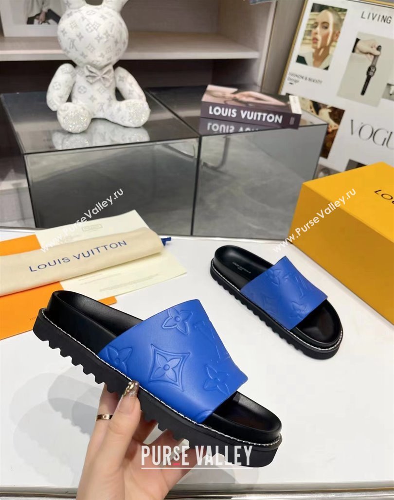 Louis Vuitton Womens Monogram Calfskin Flat Slide Sandals with Wide Strap Blue 2024 (MD-240426172)