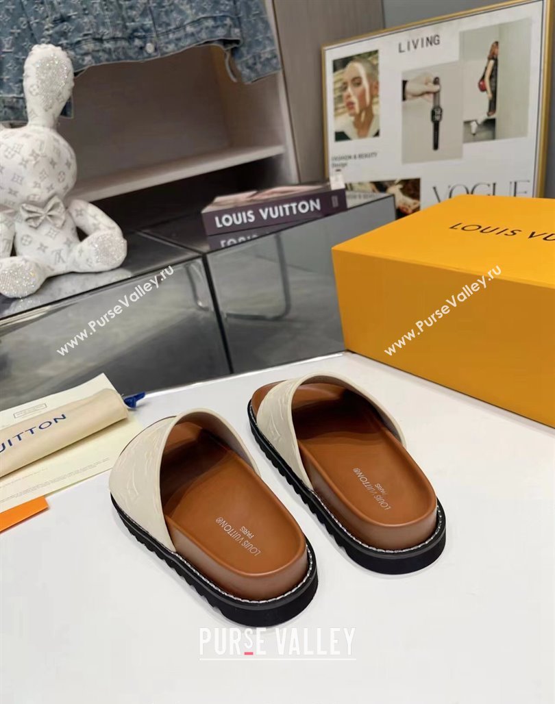 Louis Vuitton Womens Monogram Calfskin Flat Slide Sandals with Wide Strap White 2024 (MD-240426170)