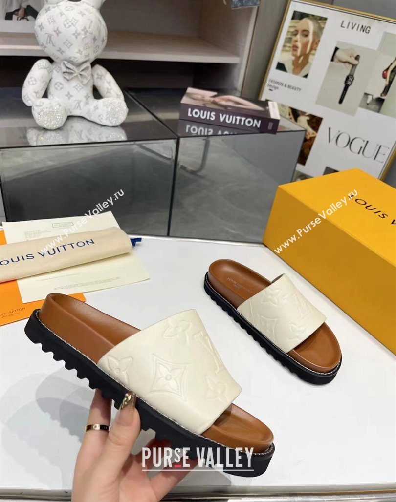 Louis Vuitton Womens Monogram Calfskin Flat Slide Sandals with Wide Strap White 2024 (MD-240426170)