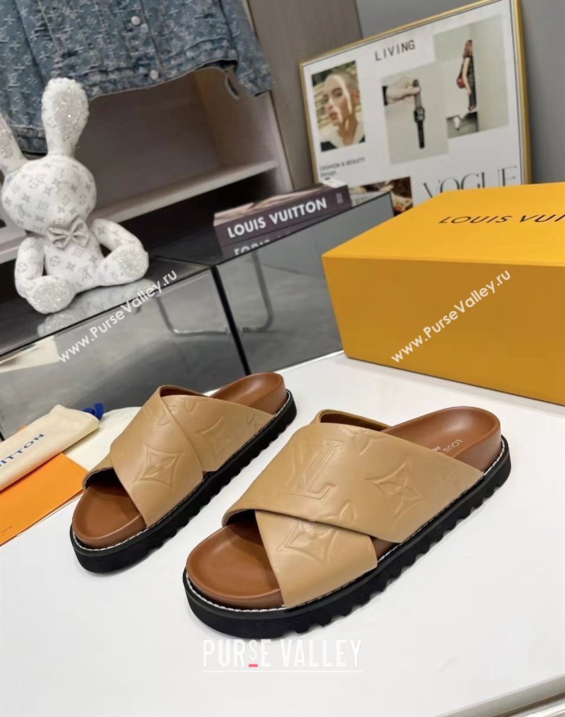 Louis Vuitton Womens Monogram Calfskin Flat Slide Sandals with Cross Strap Brown 2024 (MD-240426175)