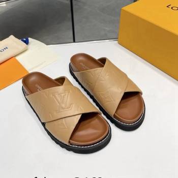 Louis Vuitton Womens Monogram Calfskin Flat Slide Sandals with Cross Strap Brown 2024 (MD-240426175)
