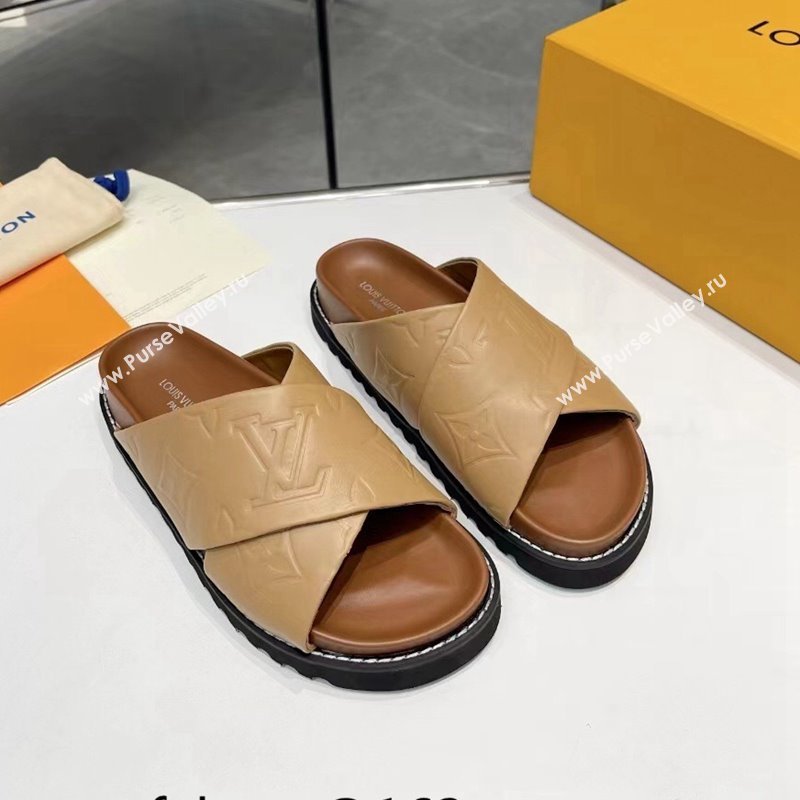 Louis Vuitton Womens Monogram Calfskin Flat Slide Sandals with Cross Strap Brown 2024 (MD-240426175)