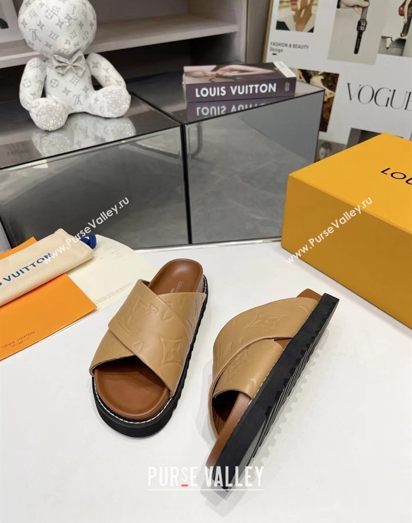 Louis Vuitton Womens Monogram Calfskin Flat Slide Sandals with Cross Strap Brown 2024 (MD-240426175)