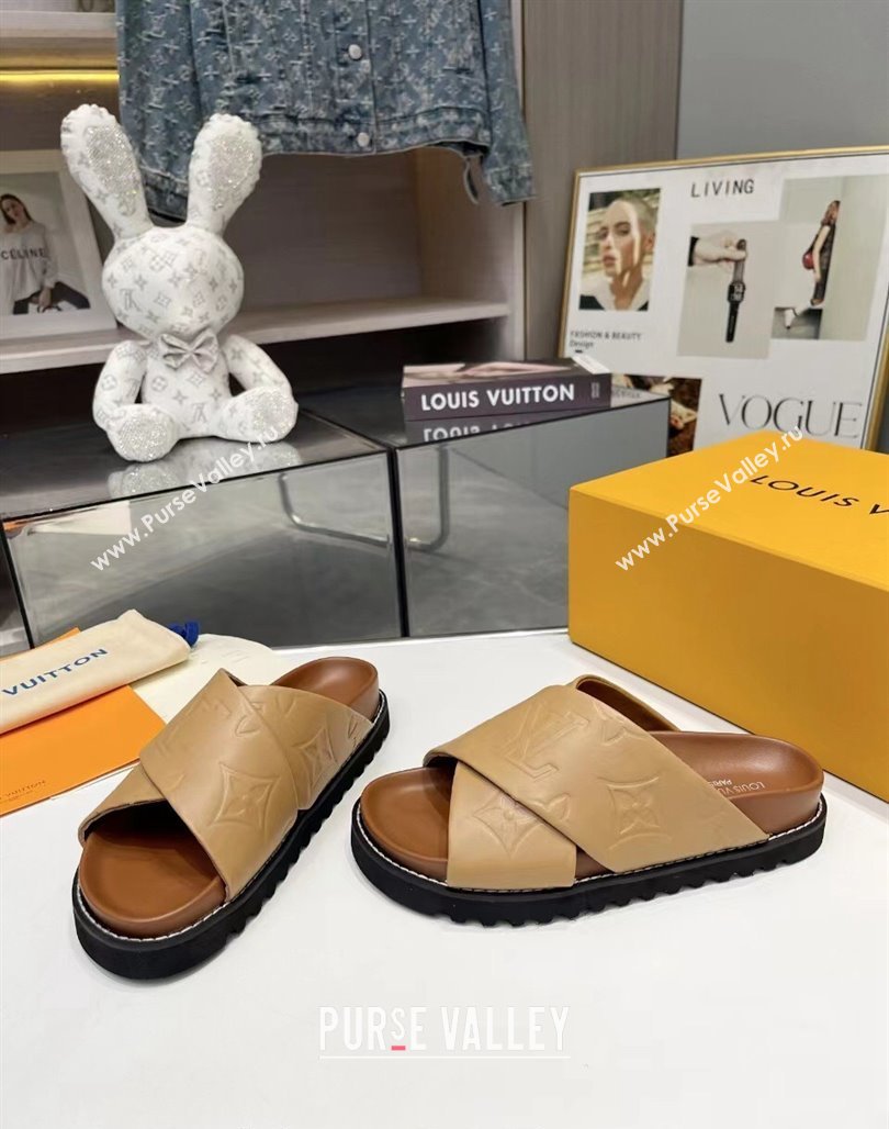 Louis Vuitton Womens Monogram Calfskin Flat Slide Sandals with Cross Strap Brown 2024 (MD-240426175)