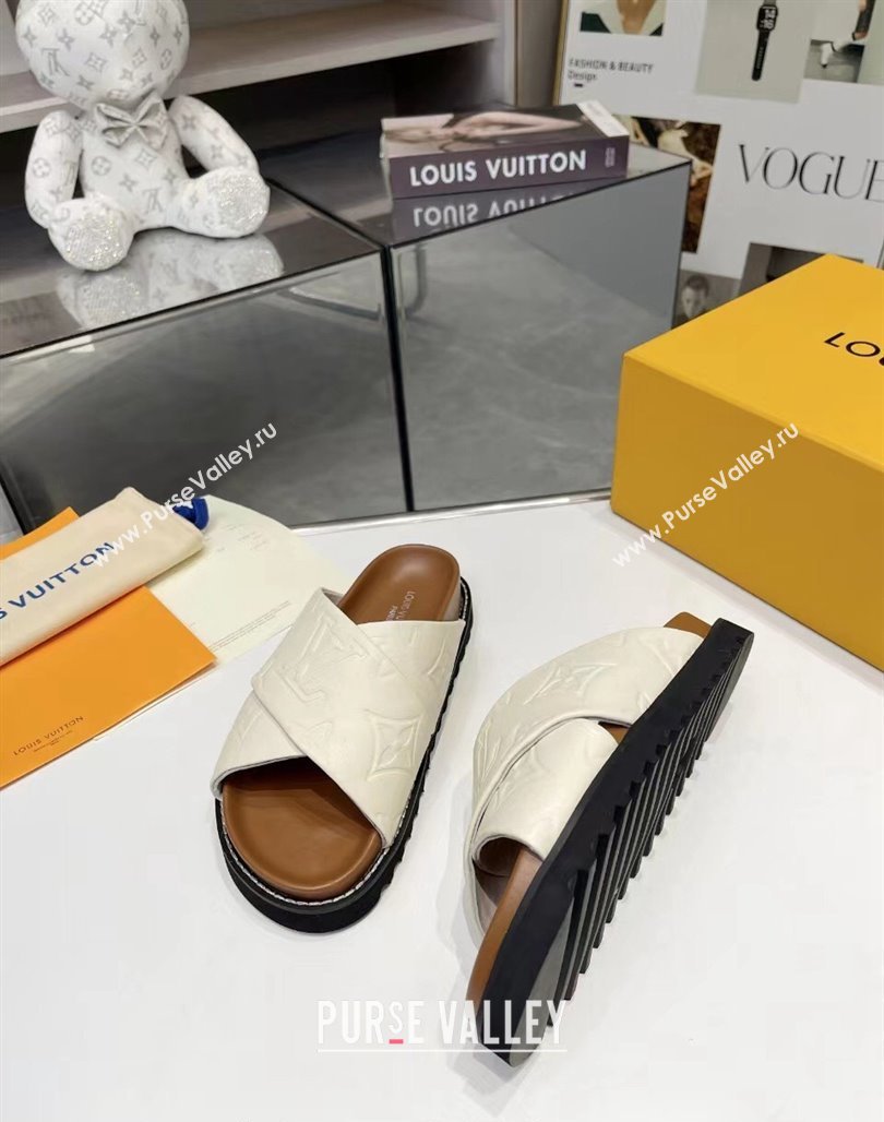 Louis Vuitton Womens Monogram Calfskin Flat Slide Sandals with Cross Strap White 2024 (MD-240426176)