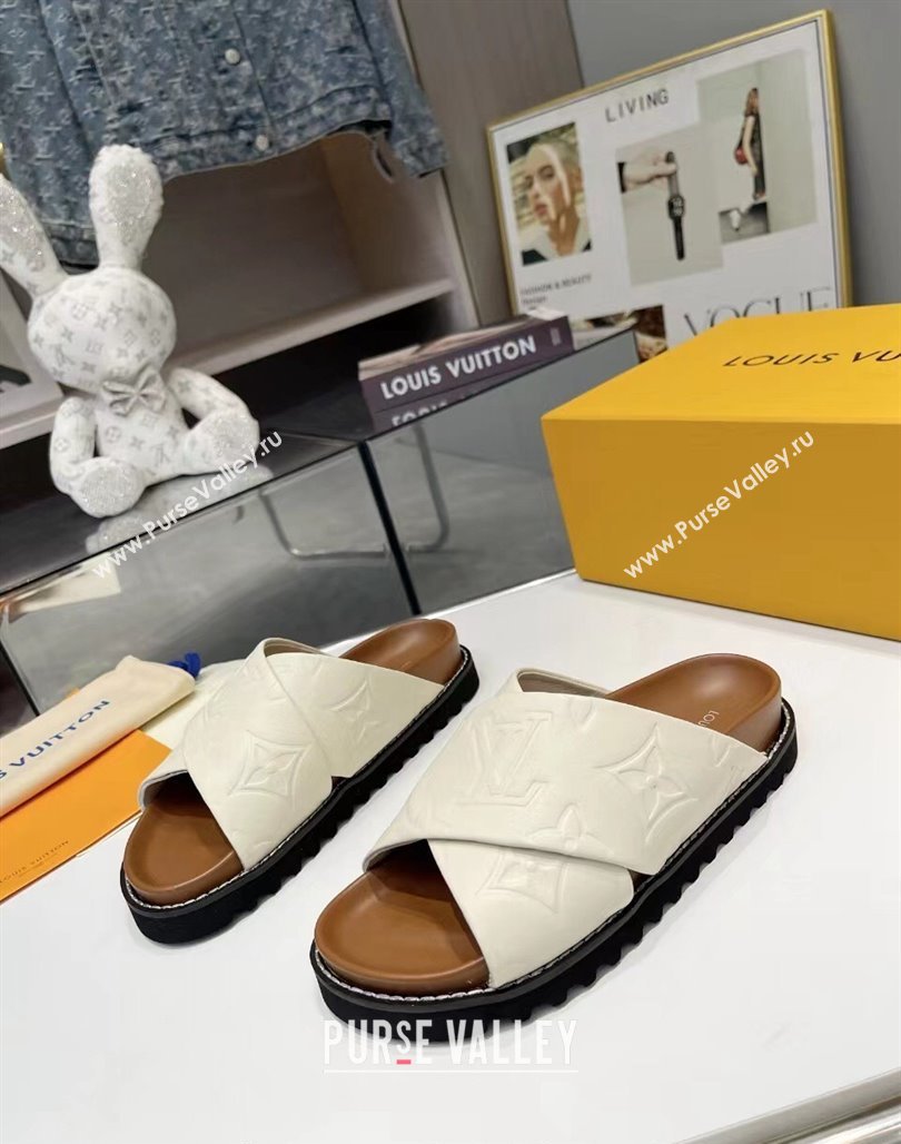 Louis Vuitton Womens Monogram Calfskin Flat Slide Sandals with Cross Strap White 2024 (MD-240426176)