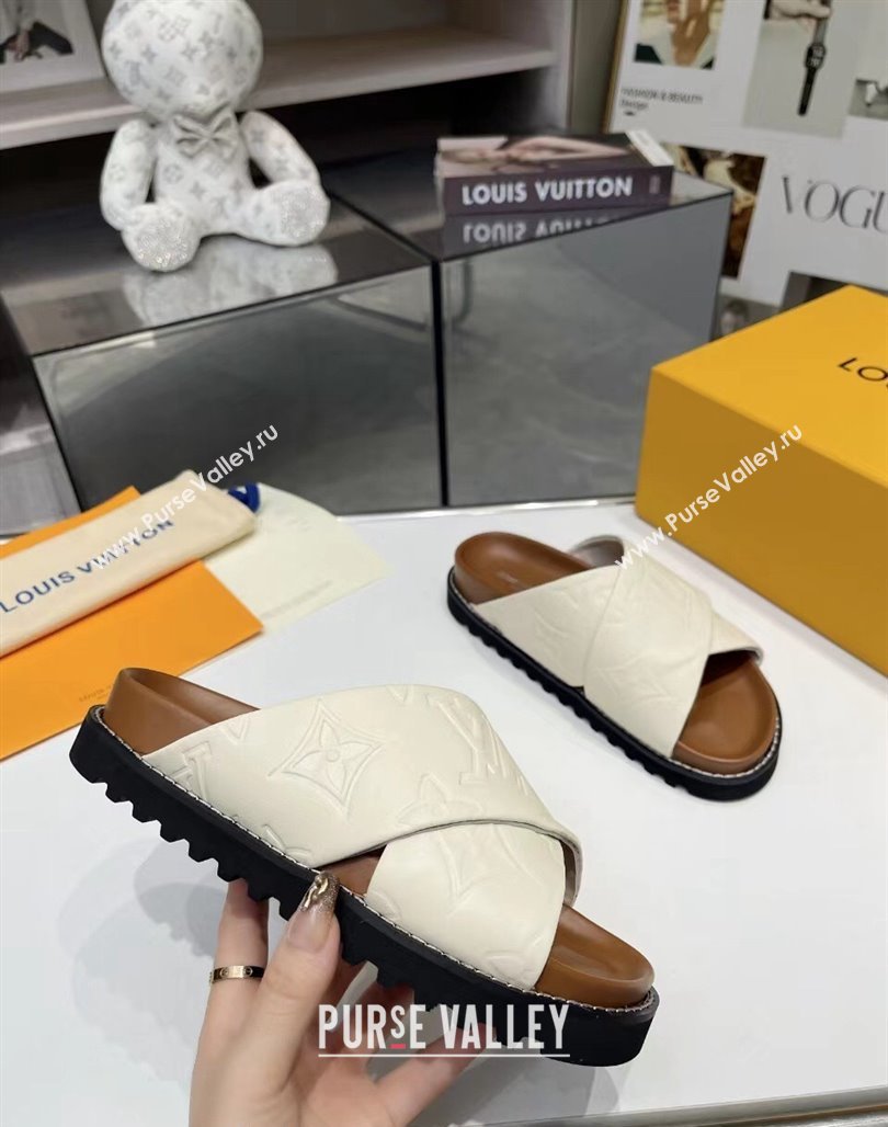 Louis Vuitton Womens Monogram Calfskin Flat Slide Sandals with Cross Strap White 2024 (MD-240426176)