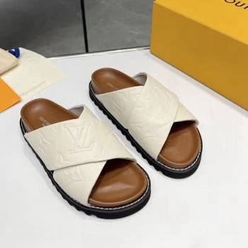 Louis Vuitton Womens Monogram Calfskin Flat Slide Sandals with Cross Strap White 2024 (MD-240426176)
