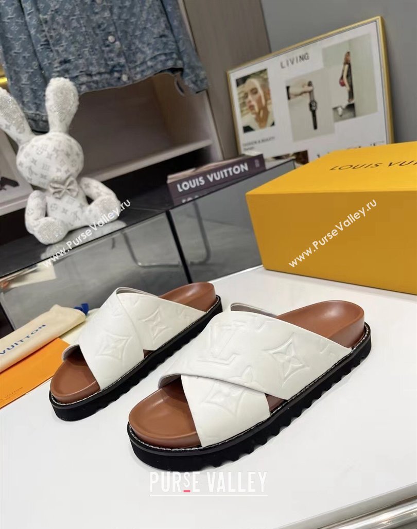 Louis Vuitton Womens Monogram Calfskin Flat Slide Sandals with Cross Strap White 2024 (MD-240426178)