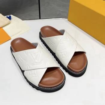Louis Vuitton Womens Monogram Calfskin Flat Slide Sandals with Cross Strap White 2024 (MD-240426178)